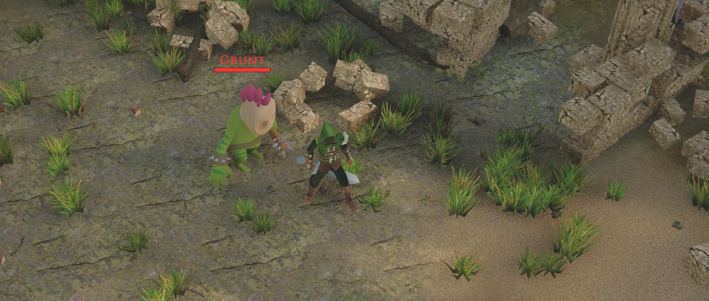 A fight among worn stone ruins.