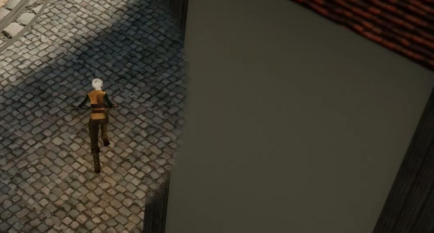 The square in Lin Feldt: the rim of the stone fountain, sunlit paving, and a player walking past a wall of warm brick.